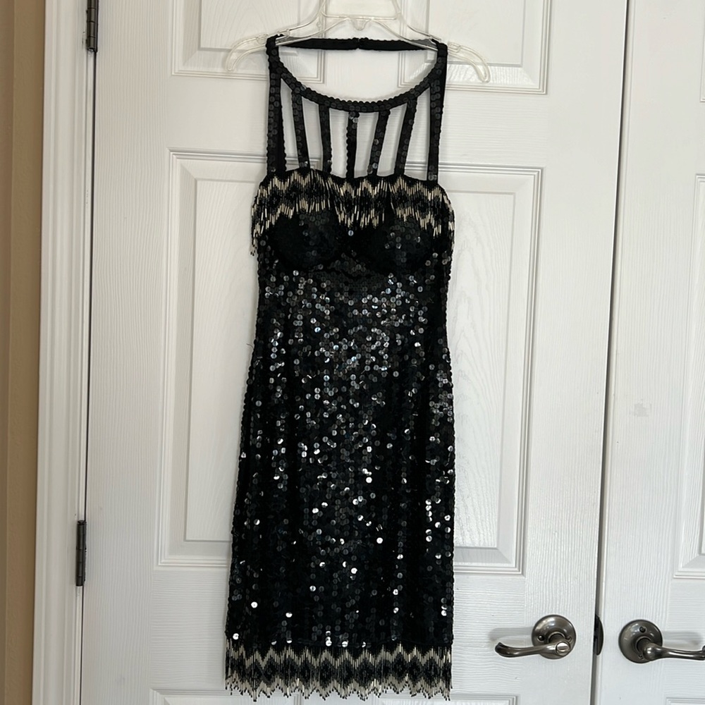 Vintage Niteline Black Sequin Beaded Fringes Sleeveless Cocktail Dress Size 4